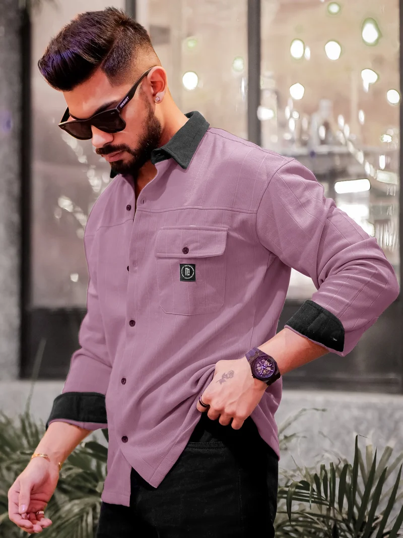 مانياك قميص رجالي مانياك قطن وردي بأكمام طويلة وياقة